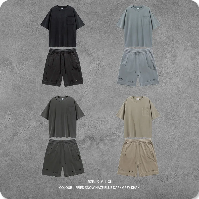 Lcool custom streetwear t shirt blank heavyweight washed oversize shorts sets men t shirt set