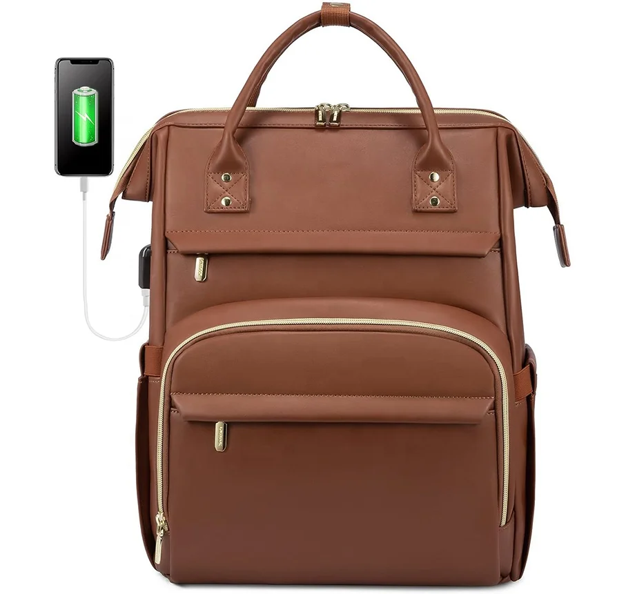 Haoen Custom Hot Sale Leather Laptop Brown Backpack for Women 15.6 Inch Computer Laptop Bag