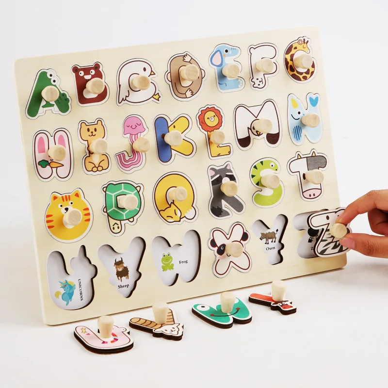Mumoni Popular alphabet learning game kids hand wooden peg board cute design baby grasp board