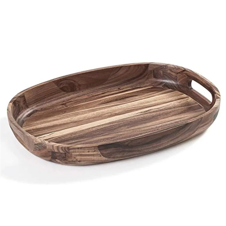 Custom Tableware Elegant Curved Design Oval Structure Crafted Natural Solid Wood Serving Tray Plant Wooden Trays