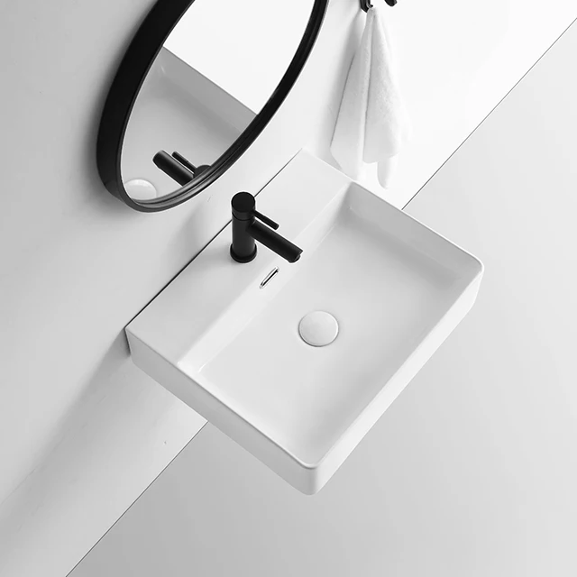 Popular design lavabo white rectangular countertop sink solid surface wash basin ceramic bathroom vessel sink