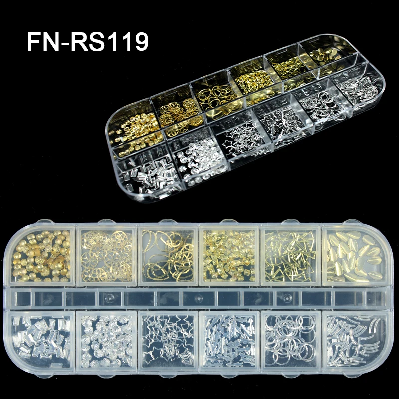 wholesale stock boxes gold 12 designs 3D Metal nail art decoration kit accessories for Beauty Charms Rivet