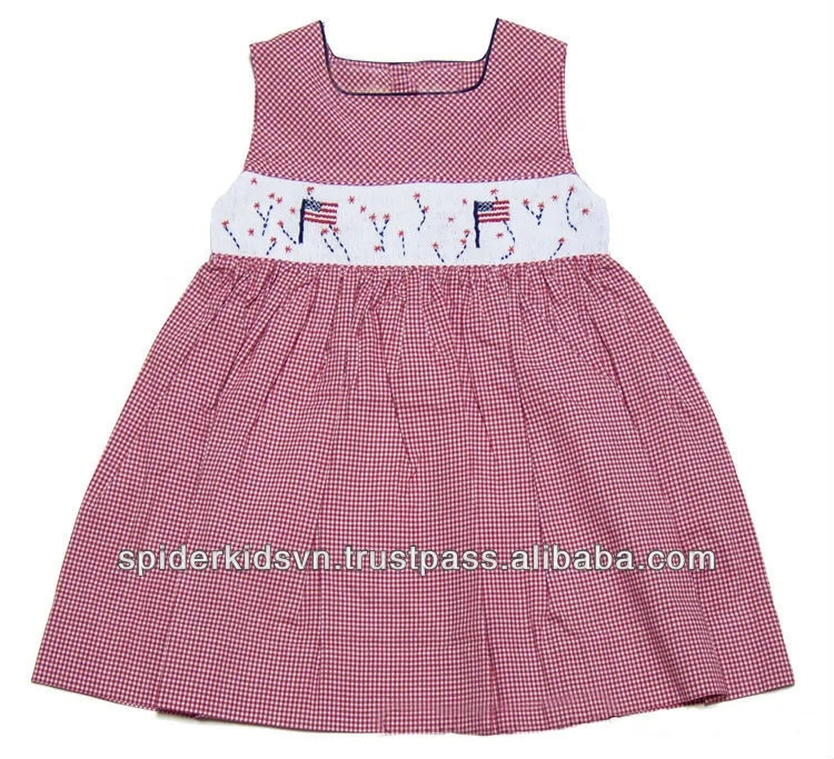 4th of July Patriotic Flags Smocked Red Gingham Patriotic Baby Dress