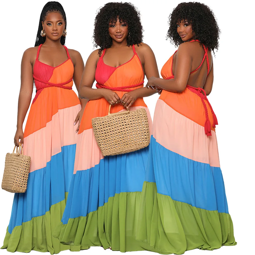 Wholesale Pleated Chiffon Dresses Elegant Lace Up Halter Maxi Dress Women Ladies Printed Sleeveless Casual Long Chiffon Dress
