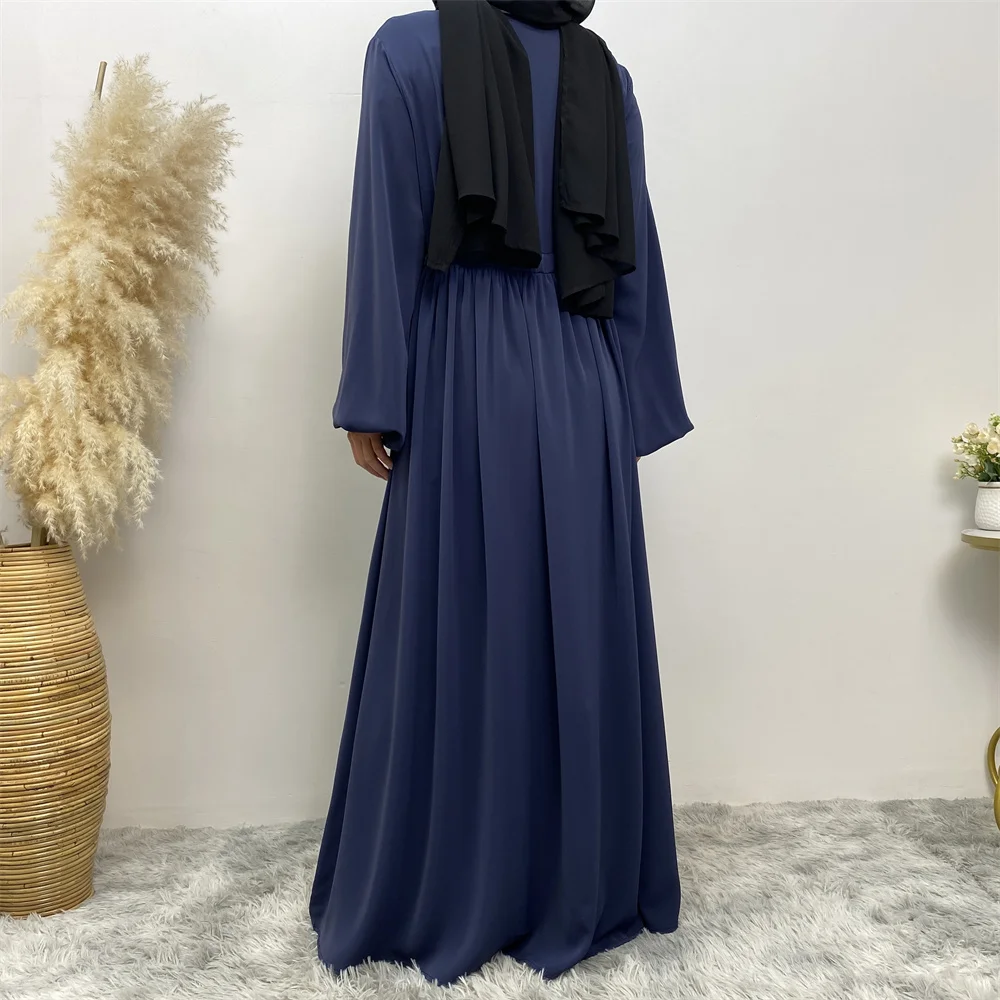 6692# New solid color closed abaya long sleeve modest muslim pregnancy abayas with front zip attached small string belt 6 colors