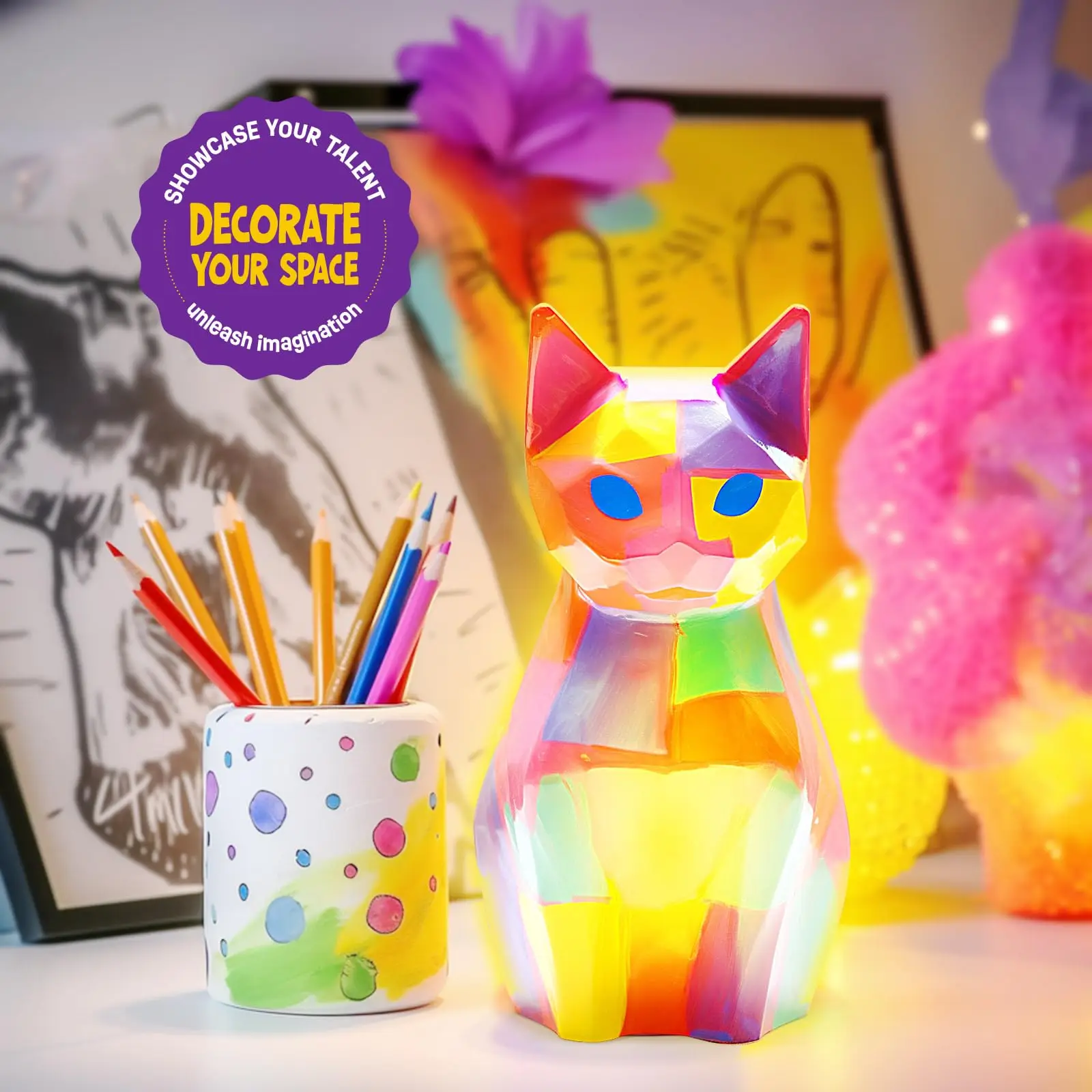 Paint Your Own Cat Lamp Kit 1pcs, DIY Geometric Cat Art Craft Painting Kits for Girls Boys, Girl Boy Crafts for Kid gift item