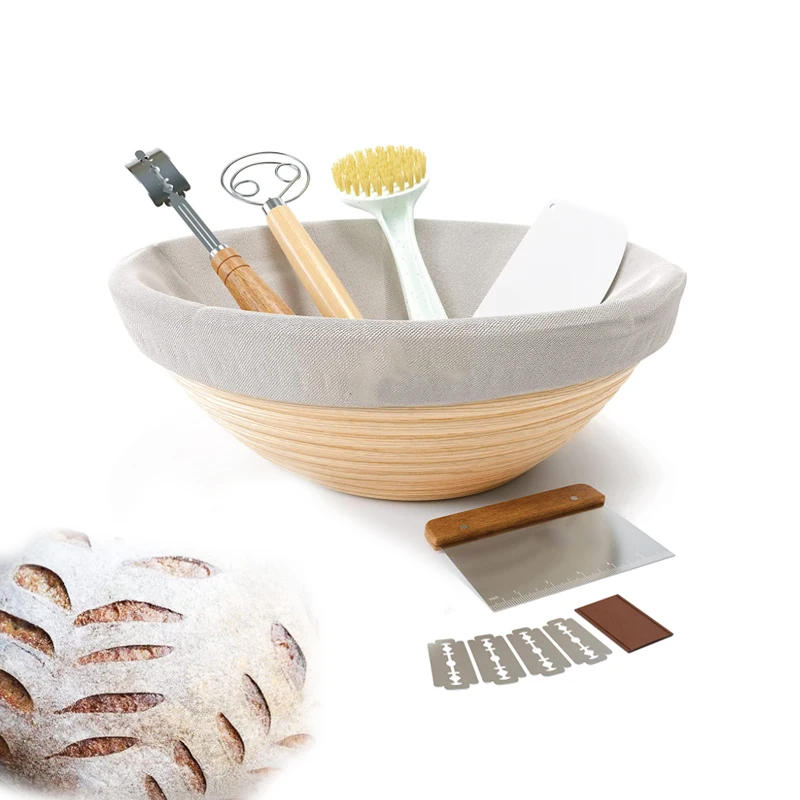 Eco friendly Natural Rattan Round bread proofing basket set with liner dough scraper cleaning brush dough whisk for home baker