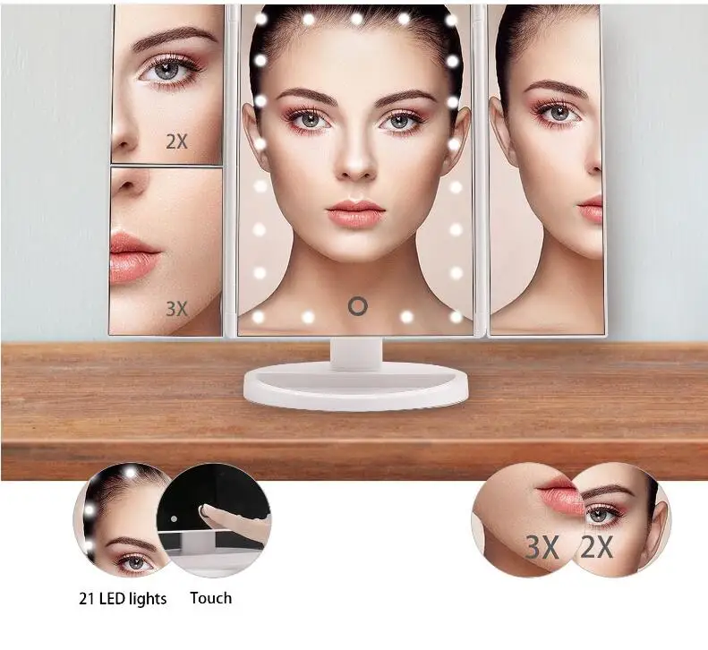 
LED Desk Mirror Foldable with 22 LED Light Touch Screen 1X/2X/3X Magnifying 3 Folding Vanity Compact Mirror 