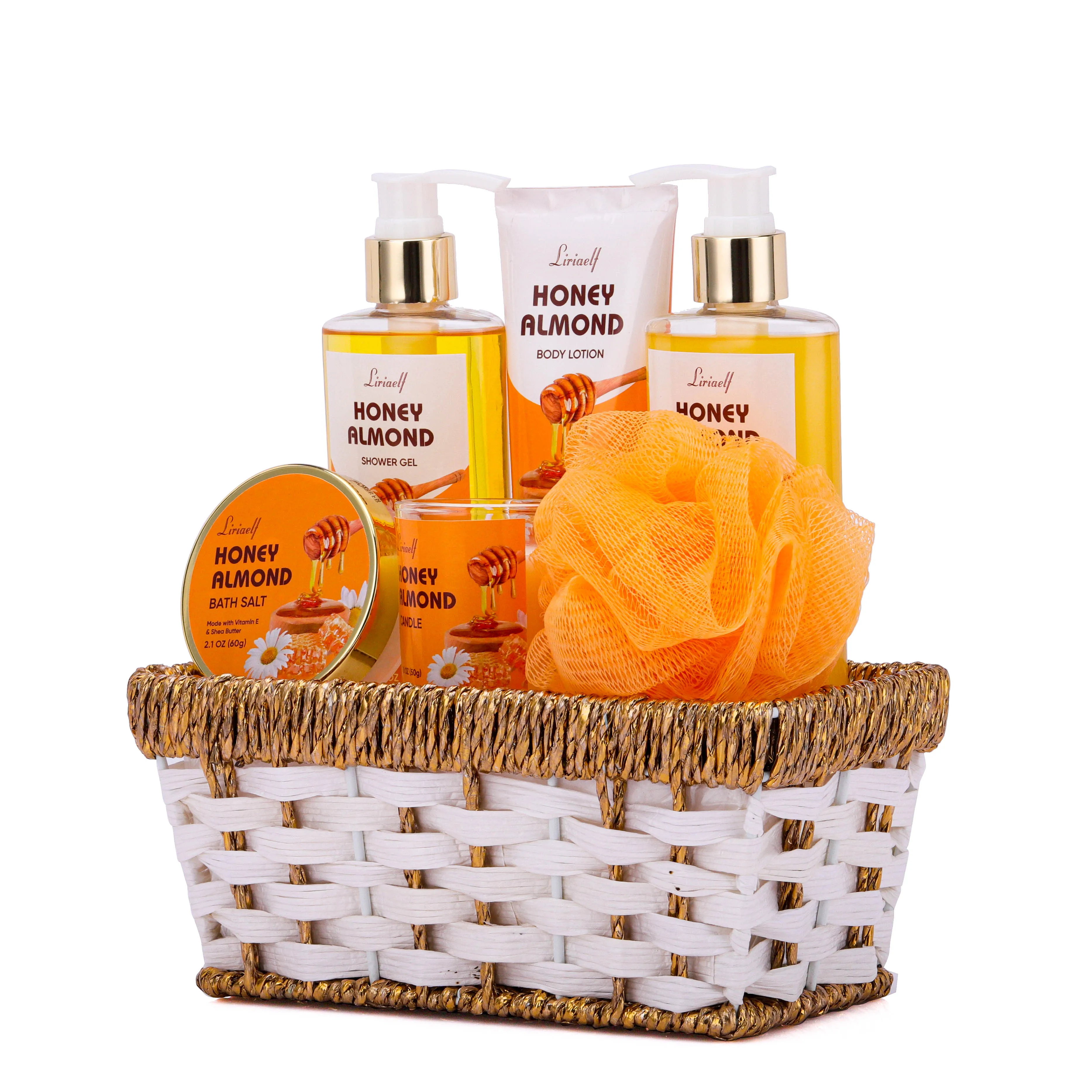 New design honey almond shower gel body lotion bubble bath salt puff spa gift baskets set for women