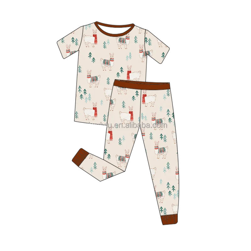 Wholesale custom newborn baby clothes bamboo short sleeves and trousers breathable knitted Christmas design pajamas set