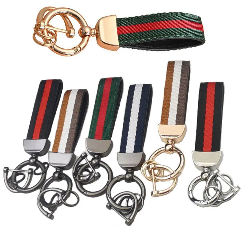Luxury Car Keychain High Quality Zinc Alloy Carabiner D Ring Lanyard Wrist Strap Fabric Ribbon Stripe Car Key Backpack Keychains