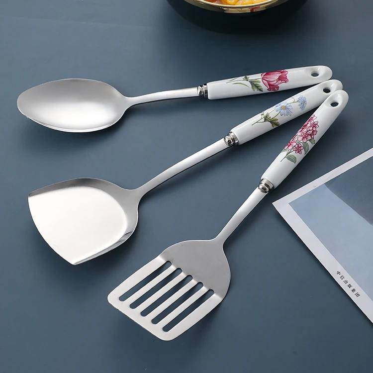 Wholesale 7Pcs Floral Ceramic Handle Stainless Steel Utensil Cooking Set Kitchen Utensils From China