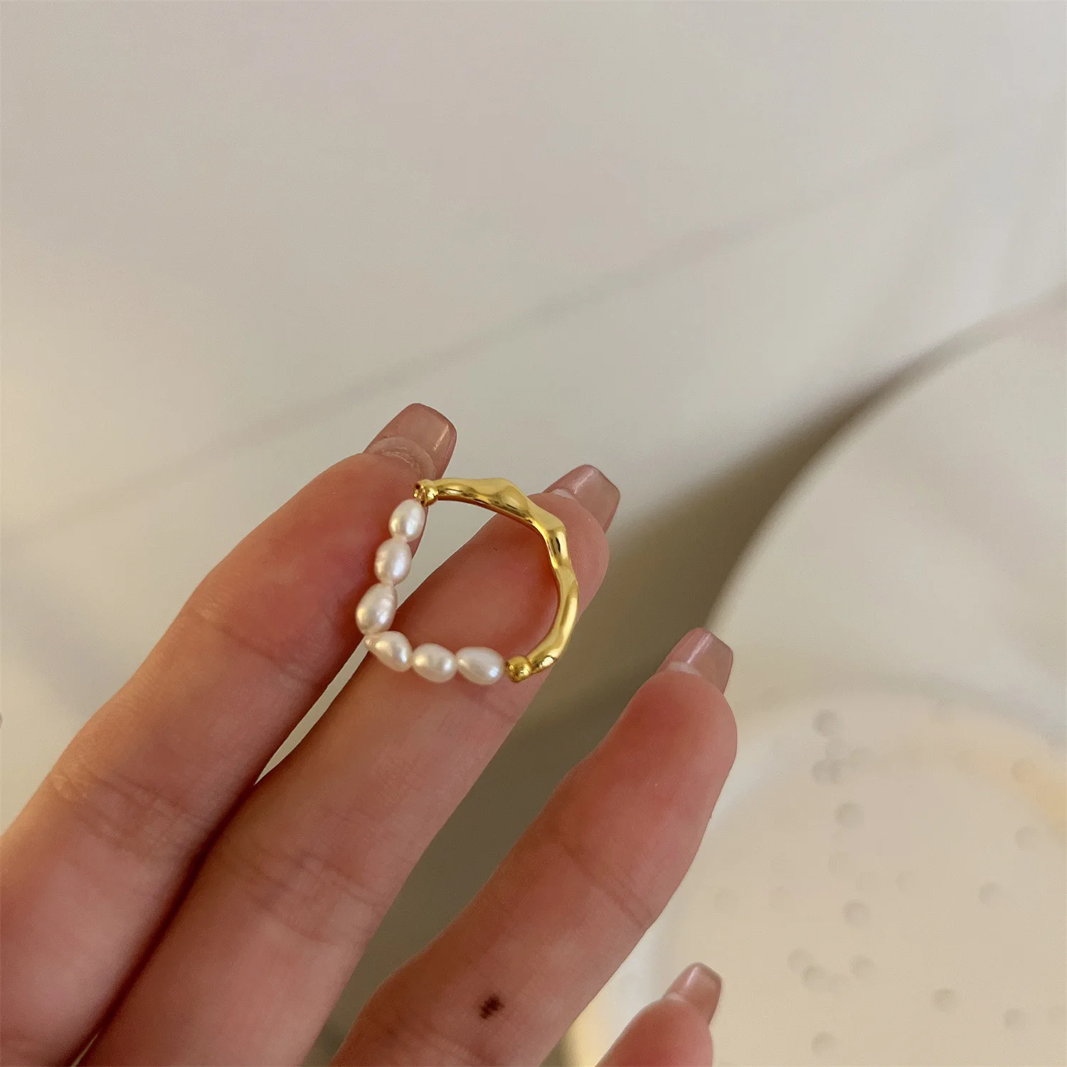 Fashion 18K Gold Geometric Jewelry Adjustable Elastic Rope Pearl Ring  For Women