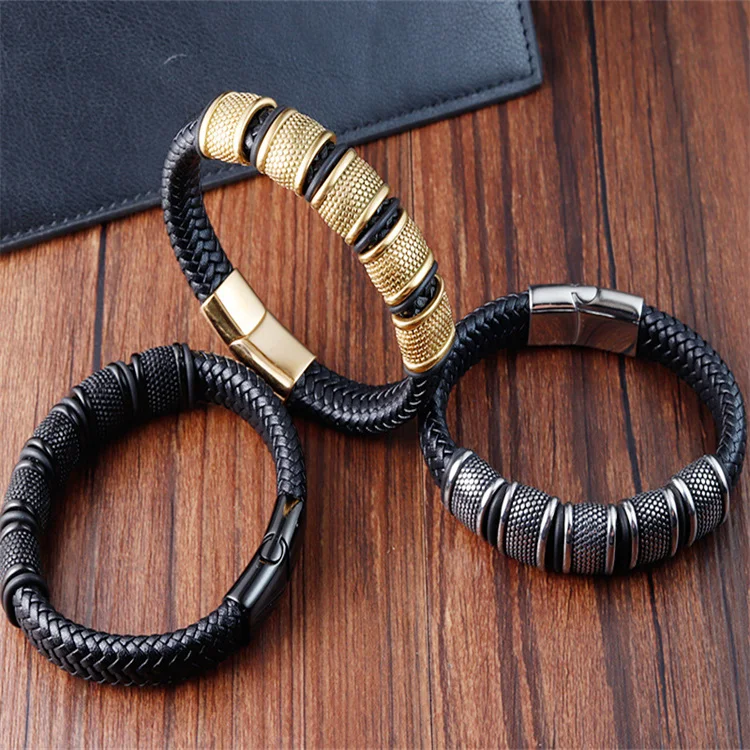 Fashion Men Gold Plated Stainless Steel Beaded Bracelets Leather Band Strap Wristband Bracelet Custom Leather Bracelet
