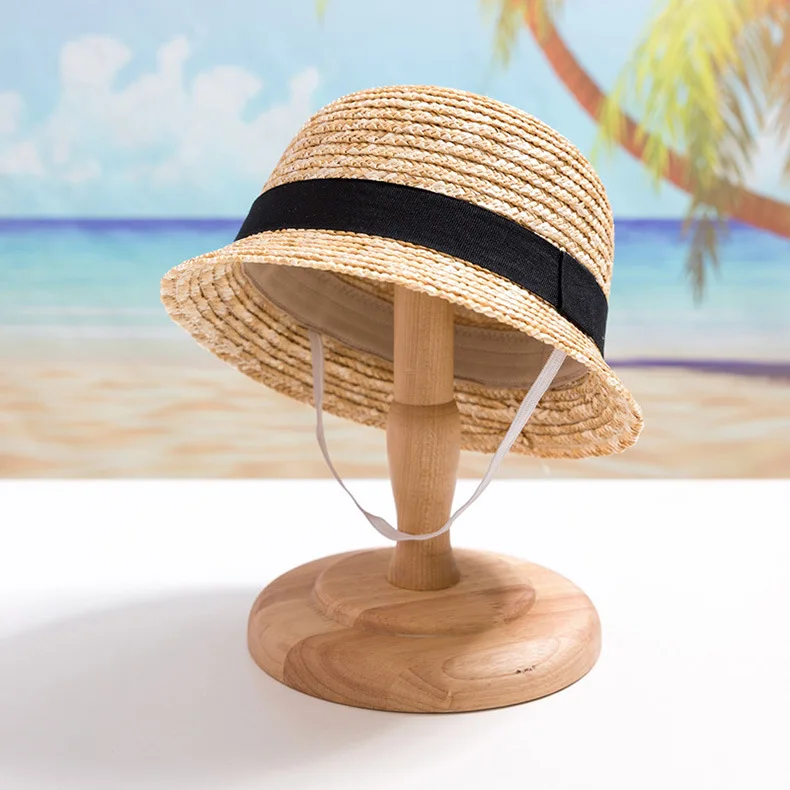 Wholesale Children Summer Straw Hats & Caps 48cm & 50cm with Chain Strap CASQUETTE Round Top Wheat,straw Beach Holiday Natural