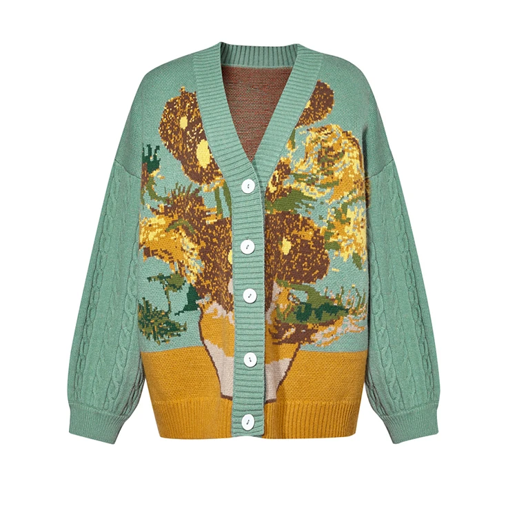 VSCOO Fall Winter jacquard long sleeve Intarsia  flowers knit vintage cardigan v neck coat women sweater