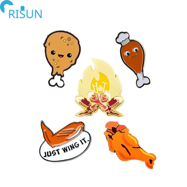Wholesale Metal Hot Fried Chicken Wings Enamel Pin Custom Food Logo Own Design Drumstick Soft Hard Enamel Lapel Pins Promotion