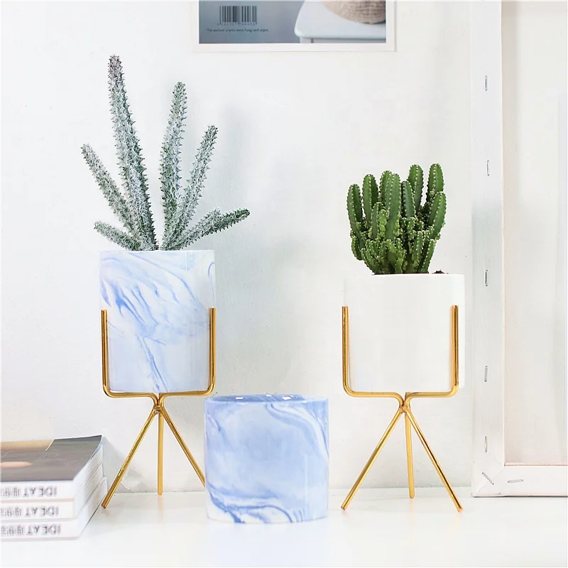 
Nordic Style Creative Home Marble Ceramic Flower Pot With Iron Stand 