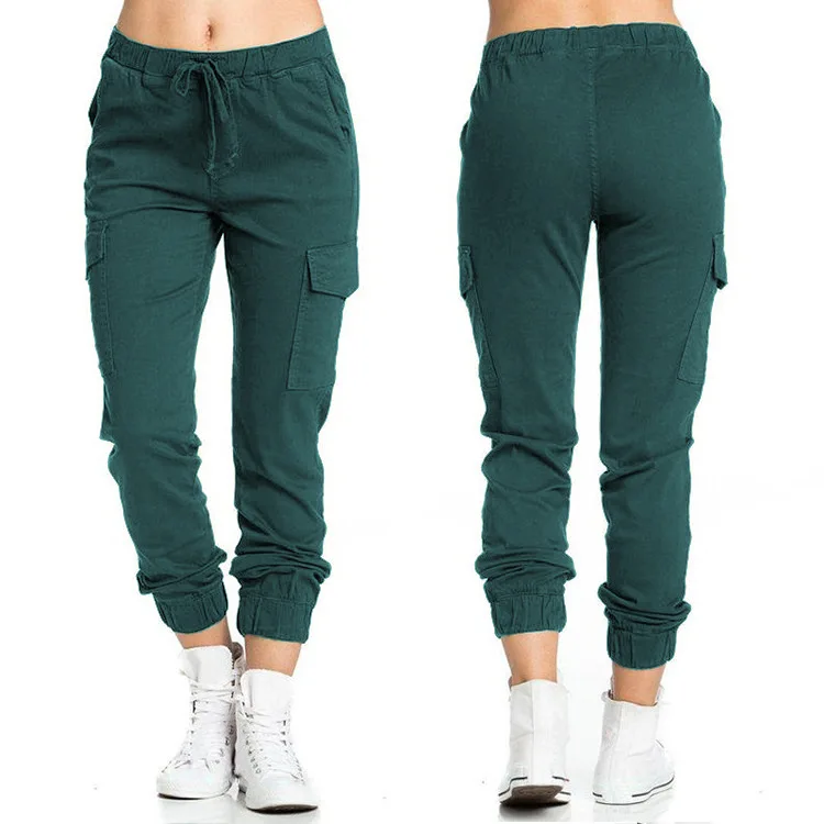 Women Overalls Casual Elastic Waist String Side Pocket Pants Women Trousers