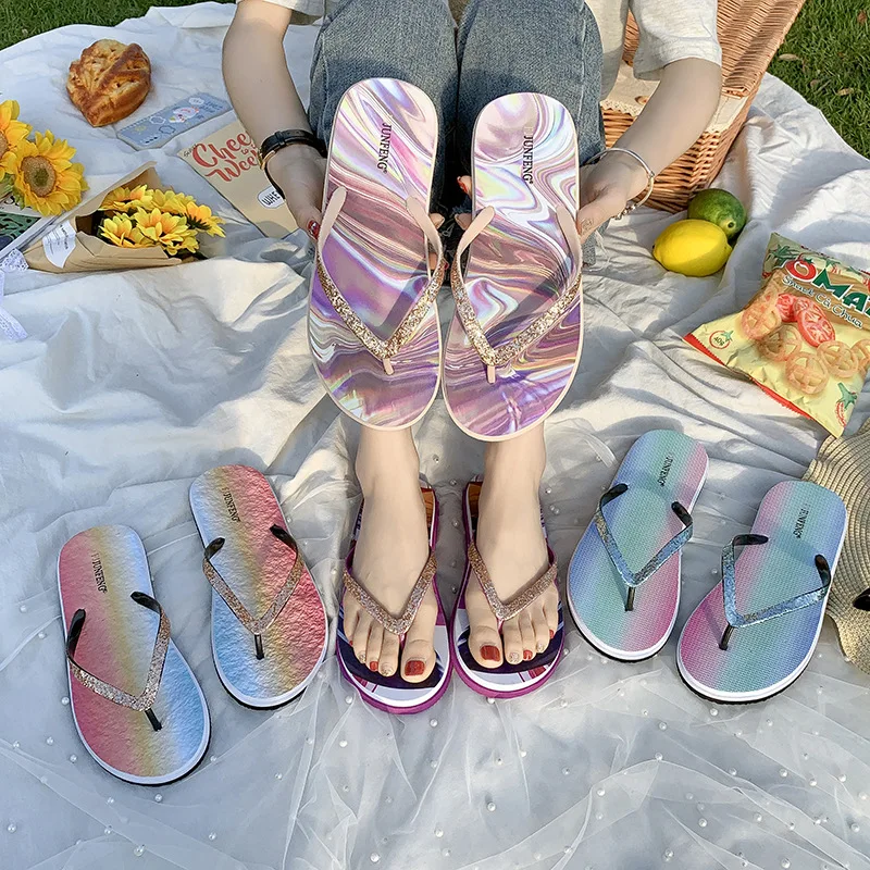 Летние шлепанцы, уличные женские шлепанцы, легкие и блестящие повседневные женские шлепанцы с верхом