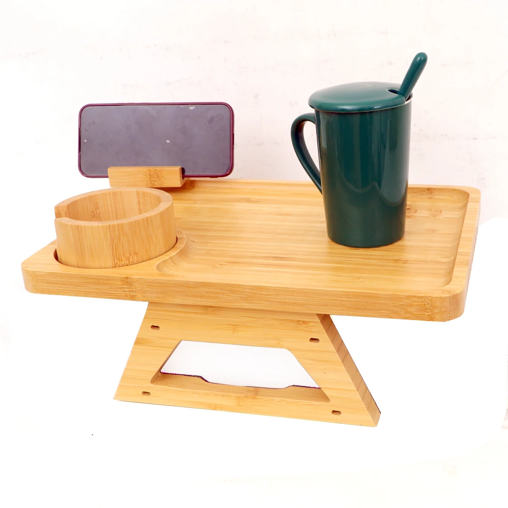 Custom arms Collapsible sofa tray 360 degrees rotating phone stand Bamboo sofa clip-on side table holding food