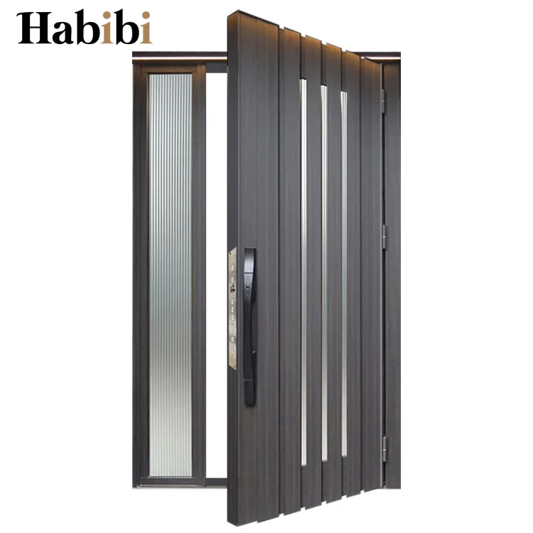 Modern Design Armored  Walnut Color Metal Exterior Security Front Steel Door With Glass