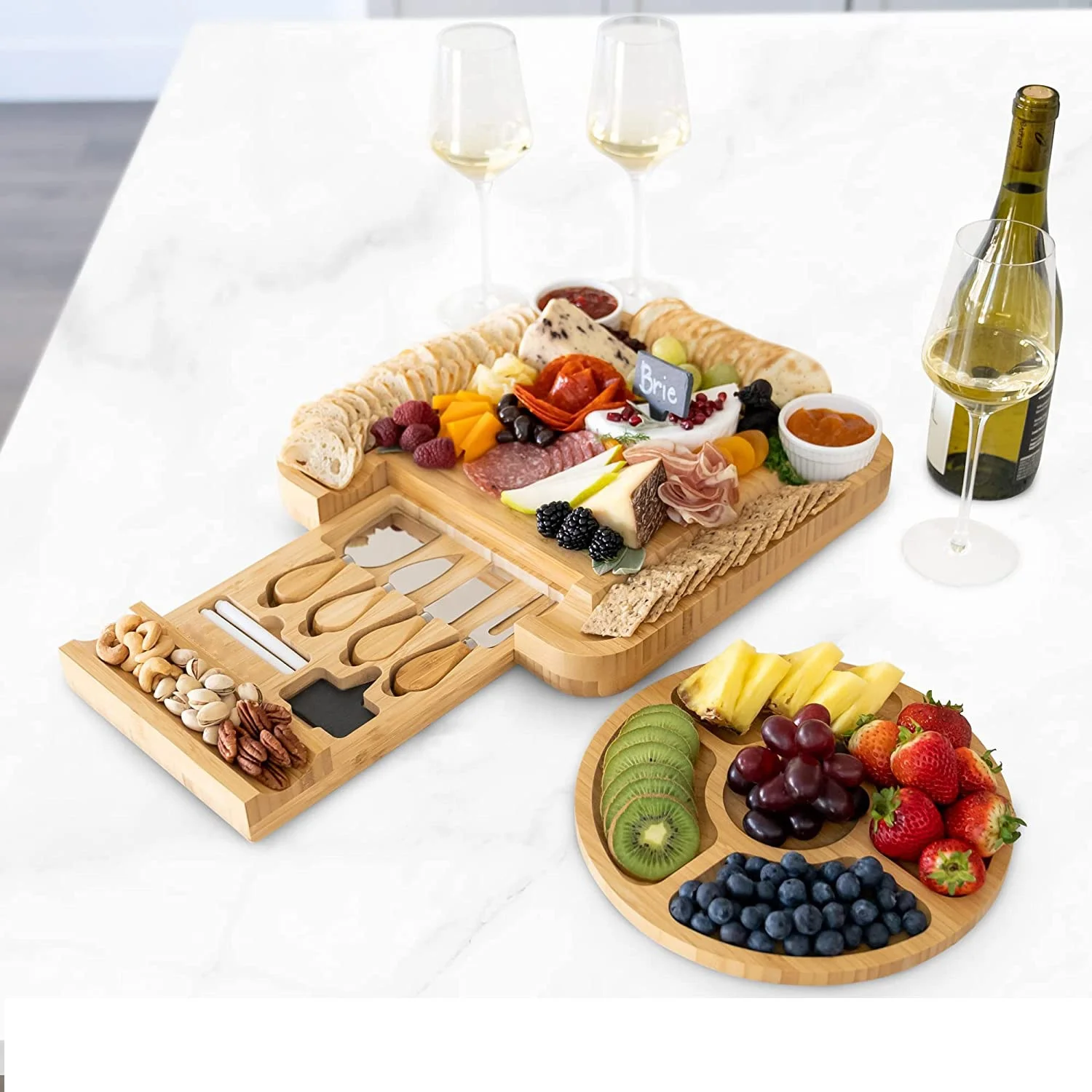 TZYC Bamboo Cheese Board with Cutlery Set Wood Charcuterie Platter Serving Meat Board with Slide-Out Drawer