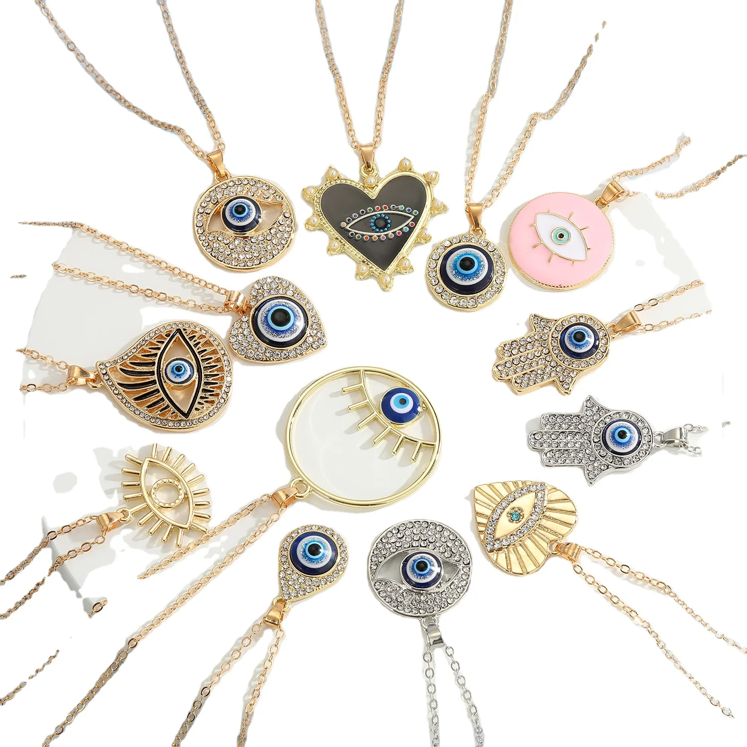 KDC2108 Wholesale Bulk Gold Silver Plated Charm Heart Hasma Fatima Hands Pendant Woman Crystal Blue Turkish Evil Eye Necklace