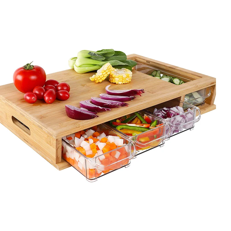 Wholesale Extra Large Bamboo Cutting Board with Trays Wood Chopping Board with 4 Food Storage Containers