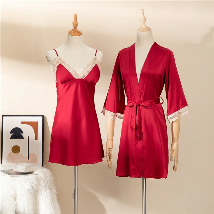 OEM/ODM Baju Tidur Женский 2 шт сексуальный кружевной халат с открытой спиной слинг Свадебная Ночная рубашка шелковое платье Женский пижамный комплект