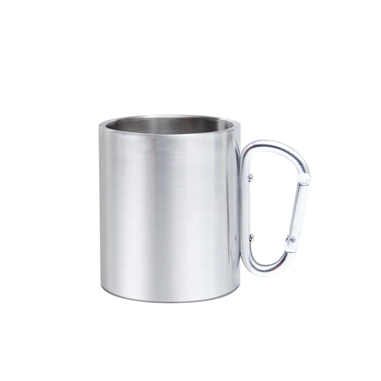 200ml Hot Double wall outdoor camping travel portable stainless steel coffee cup double walled carabiner mug with handle