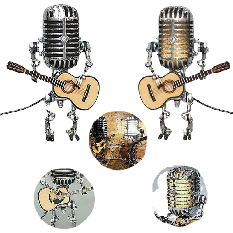Wholesale Mini Decorative Black Night Light Vintage Microphone Robot Portable Guitar Metal Table Lamp