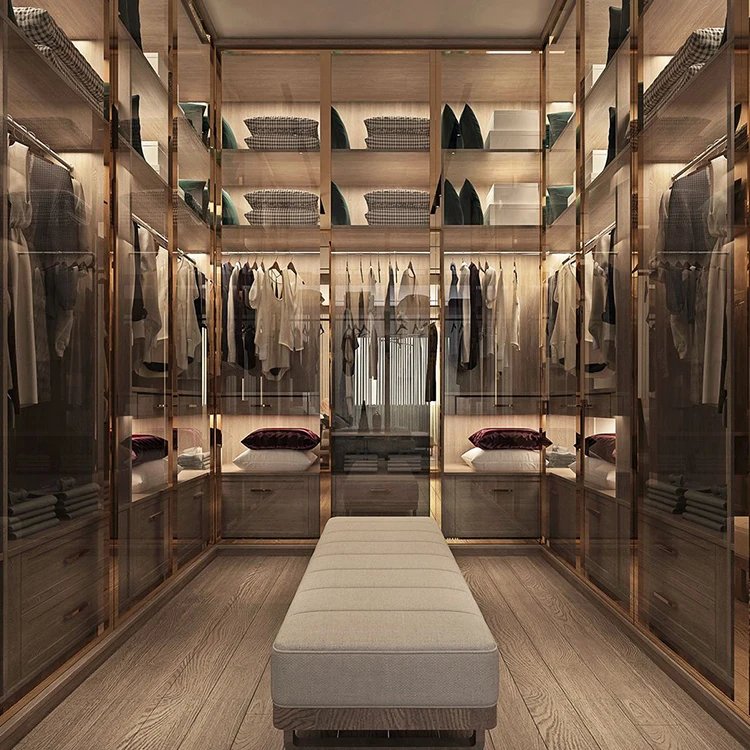 Foshan factory customization modern portable glass door wooden bedroom wardrobe closet walk in closet wardrobe