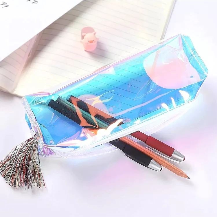 Holographic PVC Pencil Storage Bag Colorful Laser Stationery Pencil Case With Tassel