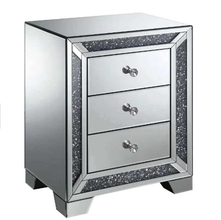 Hot Sale Diamond Crushed Mirrored Nightstand 3 Drawer Chest Bedside Table Night Stand