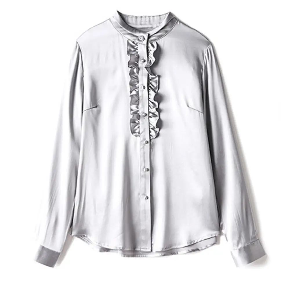 New Spring 2020 Pure Silk Stand Collar Ruffle Patchwork Long Sleeve Shirt Casual Office Blouse For Ladies