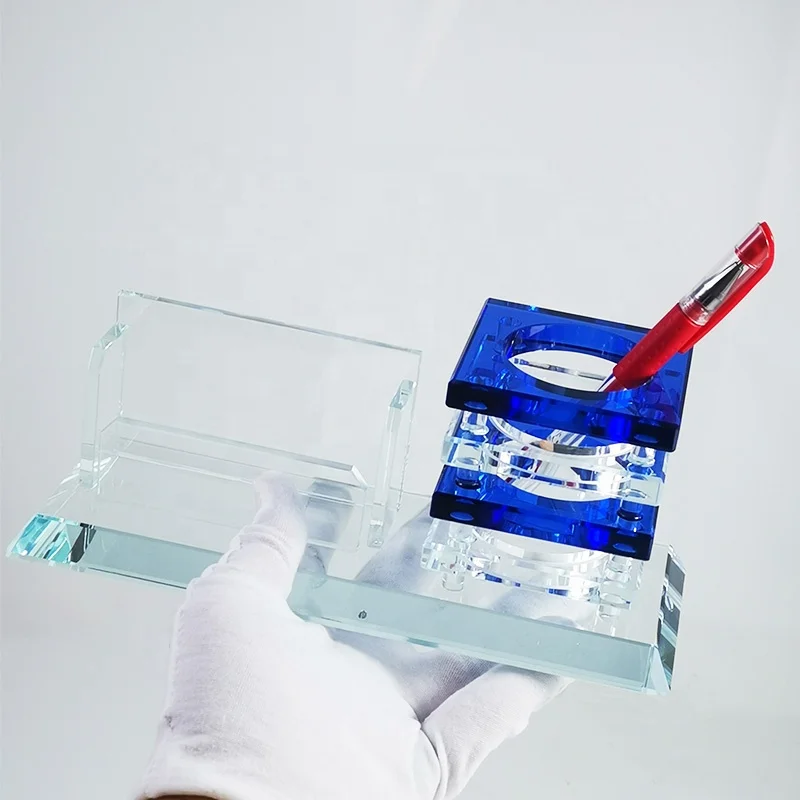 DILU Customized Logo Crystal Pen Holders Box Glass Business Card Tabletop Organizer Desktop Office Desk Stationery Pen Holder