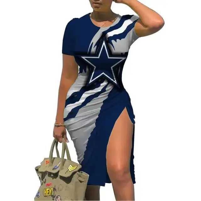 Custom Plus Size O Neck Casual Dress Ladies Short Sleeve Irregular Bodycon Dress Football Lace Up Slit Dress