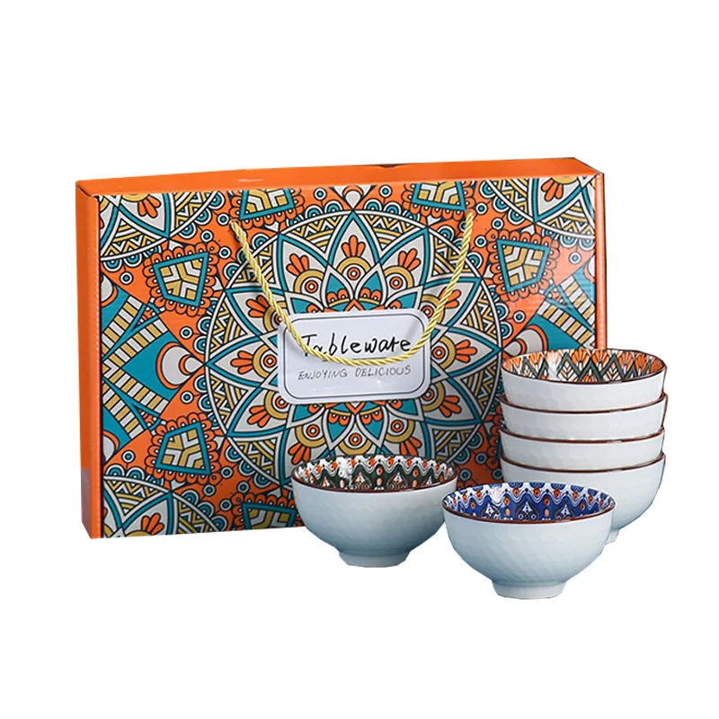 Wholesale Dinnerware Gift Set Colorful Printed Under Glazed 2 4 6 Pcs 4.5 Inch Porcelain Bol Bohemia Style Ceramic Bowl Set