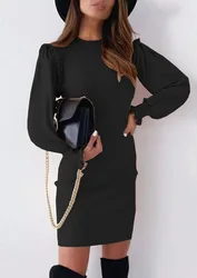 Solid color O neck draped ruffle skirt 2021 falbala frill career wear midi office dress lady plus size