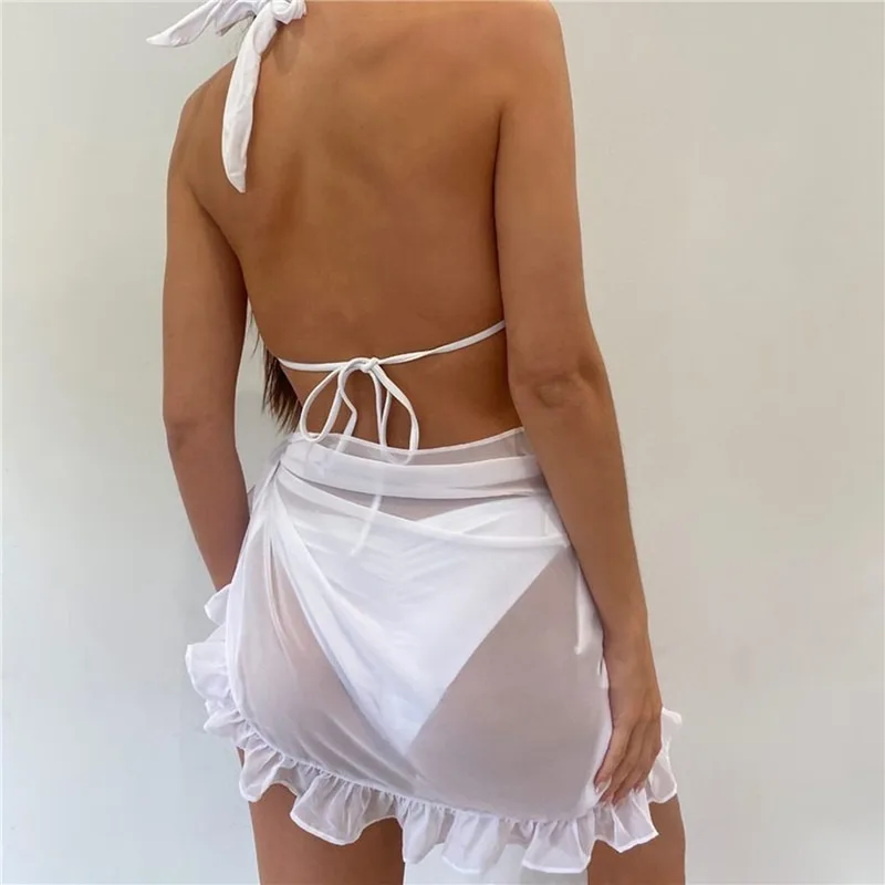2022 New sexy women Chiffon Mini Ruffle Skirts Mesh Beach Swimsuit Beachwear Cover Up Wrap Skirt mini dress