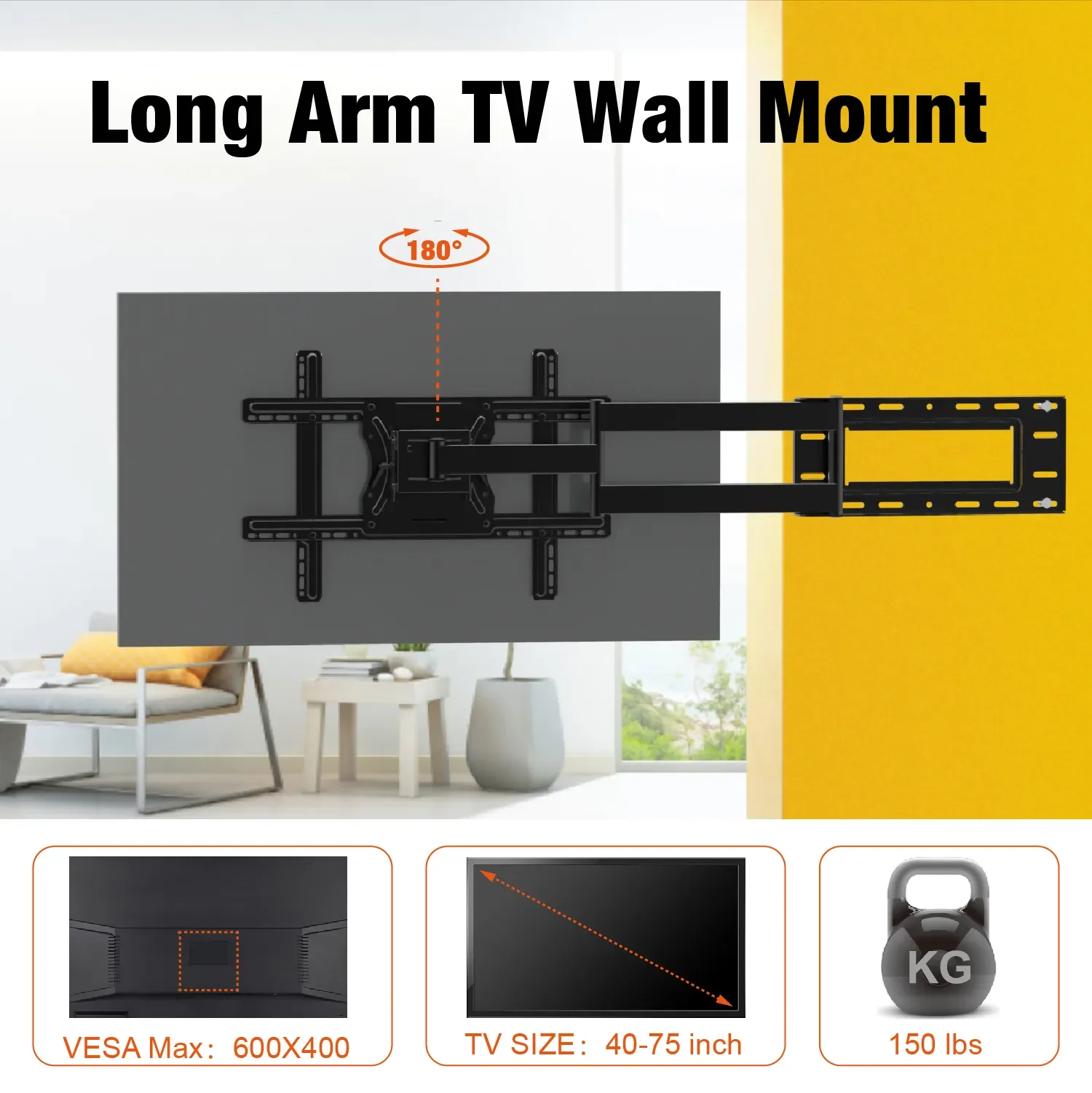 CHARMOUNT Hot Selling Universal Full Motion Wall Mount Max VESA 600*400mm Heavy Duty TV Bracket TV Mount