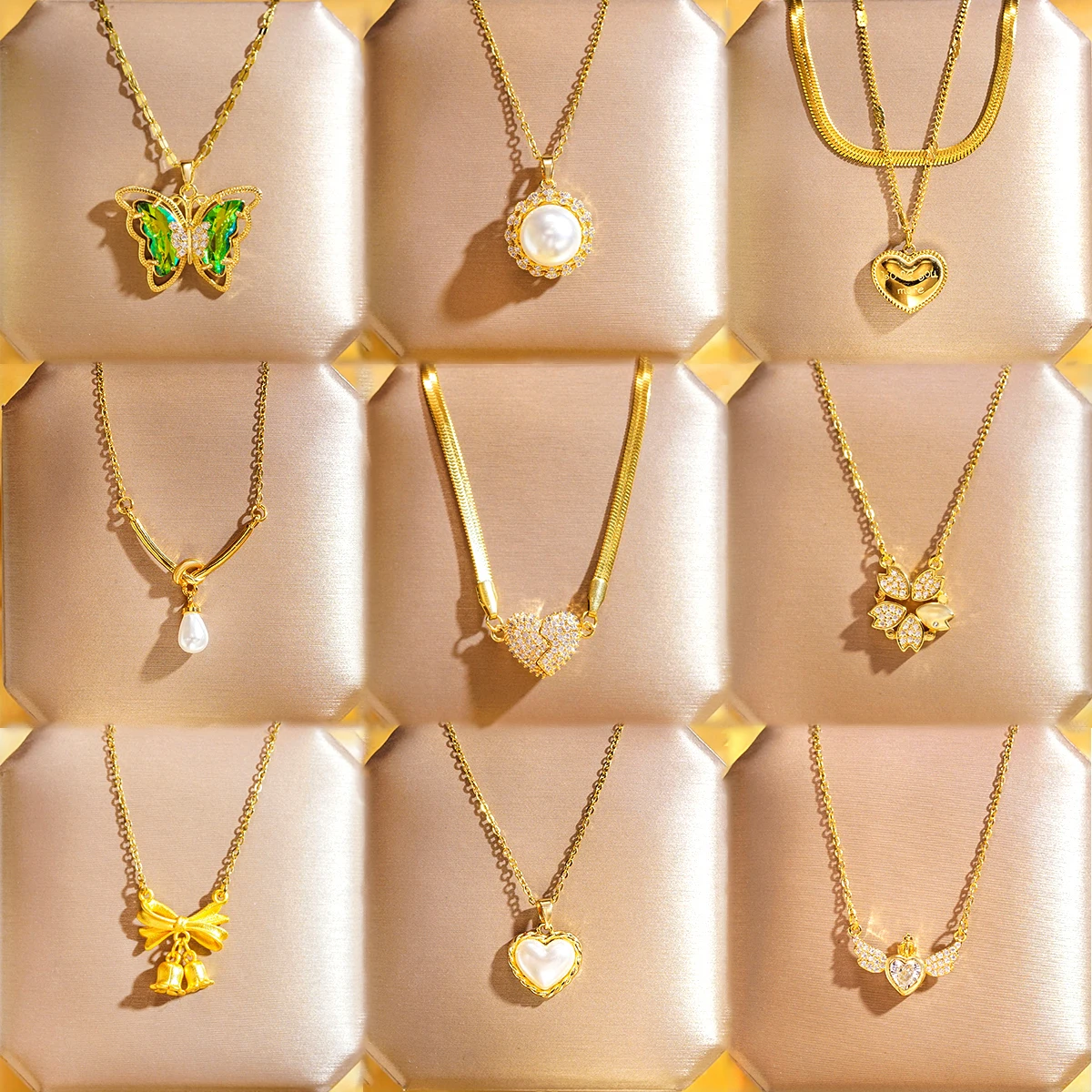 Stainless Steel 18K Gold Layered Pearl Shell Zircon Clover Butterfly Heart Pendant Necklace Women Letter Bow Couple Necklace