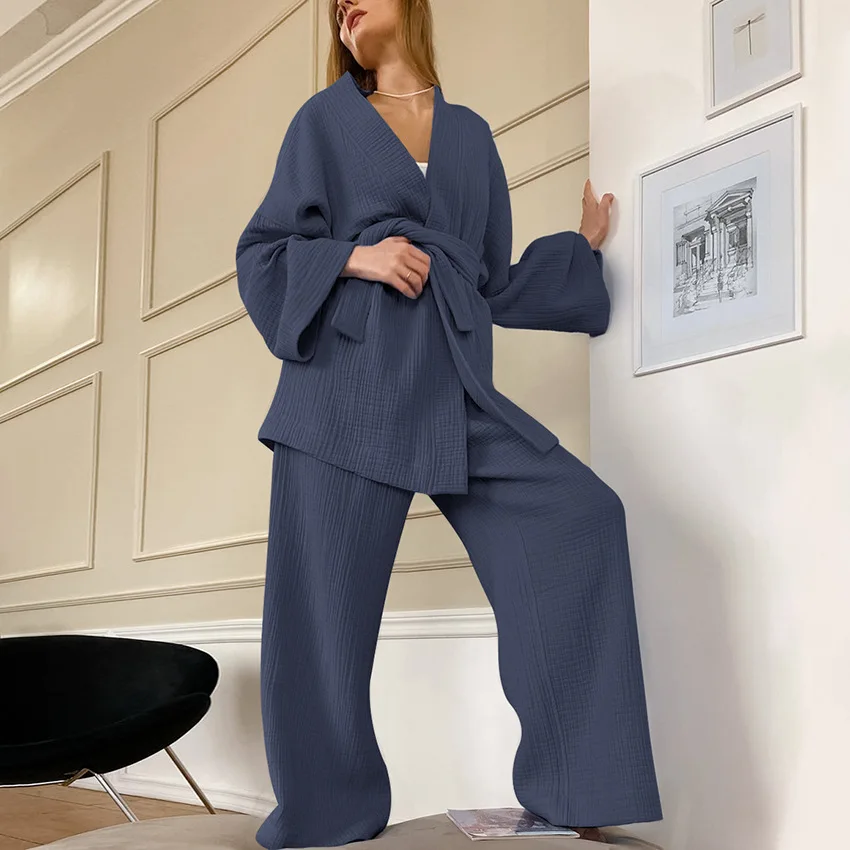 China Suppliers Casual Loose Cotton Women Pajamas Long Sleeve Solid Color Ladies Sleepwear