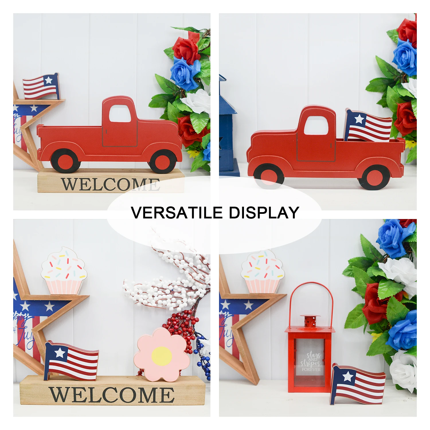 Home Decor International Day Decoration Wooden Red Truck Welcome Sign Tabletop with Interchangeable Icons