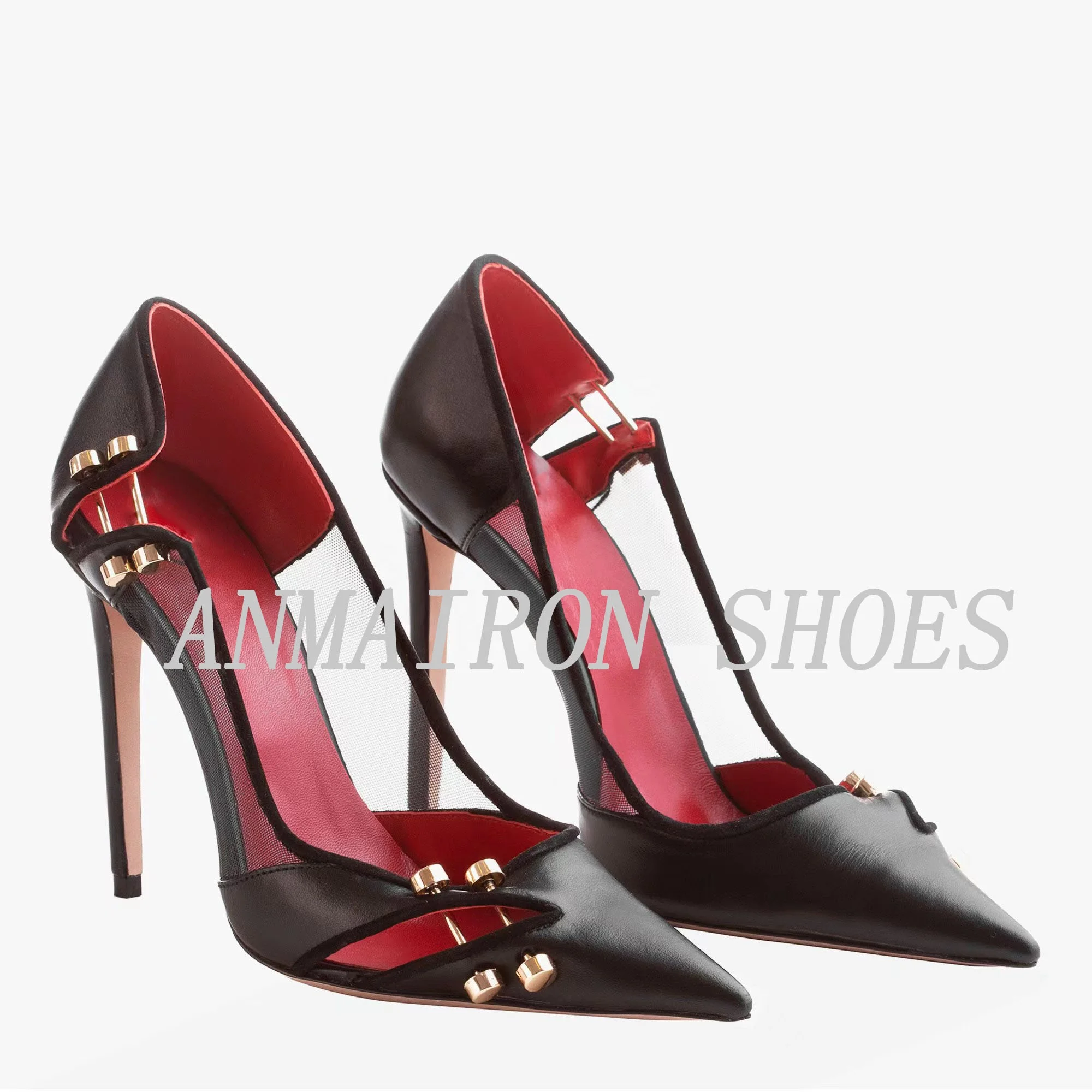 CUSTOM Party High Heels ANMAIRON 2023 New Arrival Black Leather Pointed Toe Rivet Dress Shoes High Quality Spring Womens Pumps