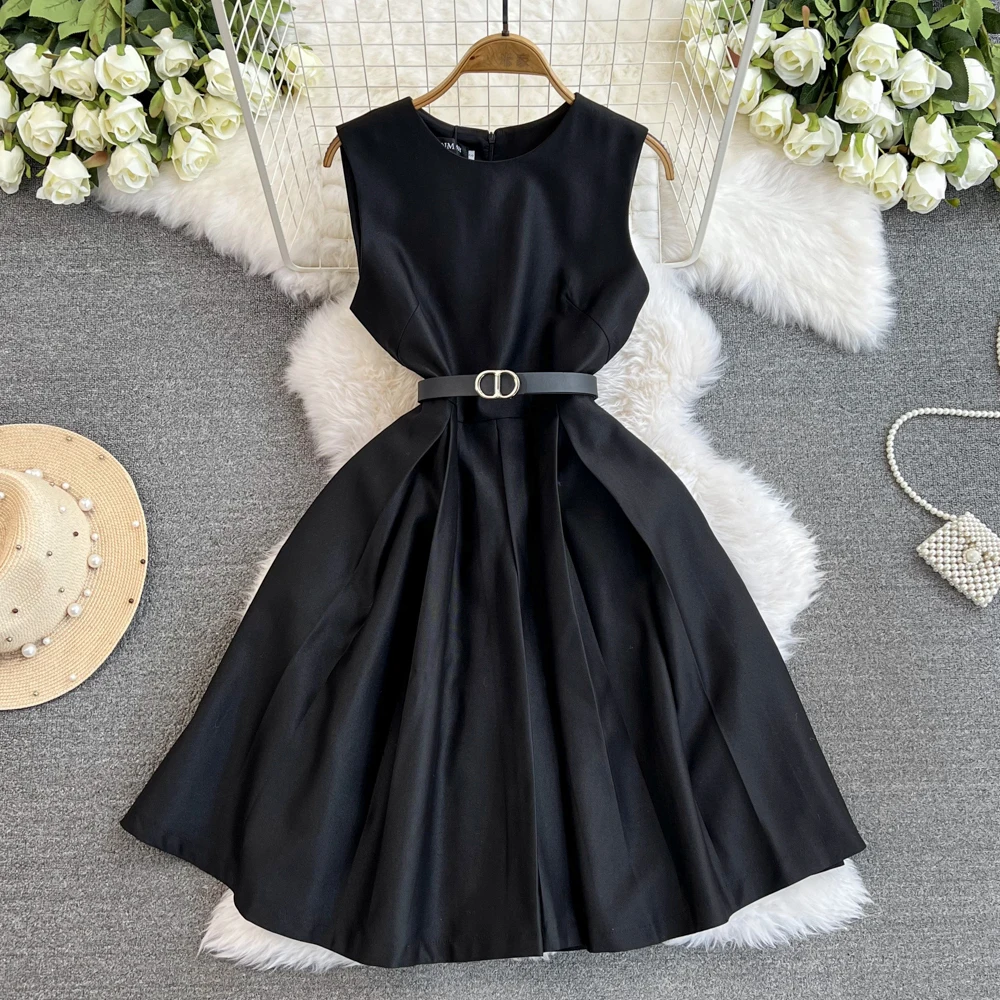 ZT1139 Black Herben crew neck dress High quality satin sleeveless tank dress