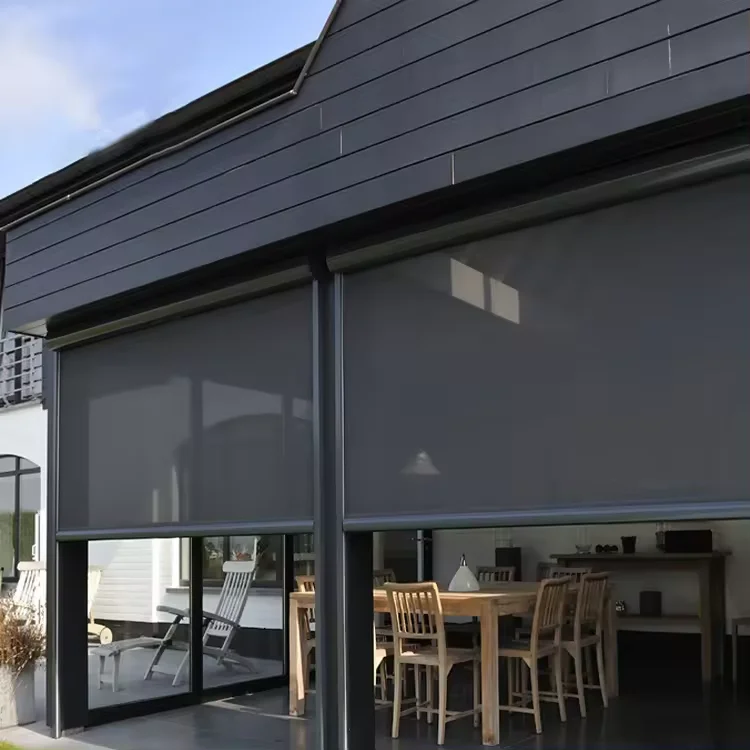 Smart Motorized Remote Control Outdoor Waterproof Windproof Roller Blinds Sunscreen Fabric Outdoor Zip Track Roller Blinds