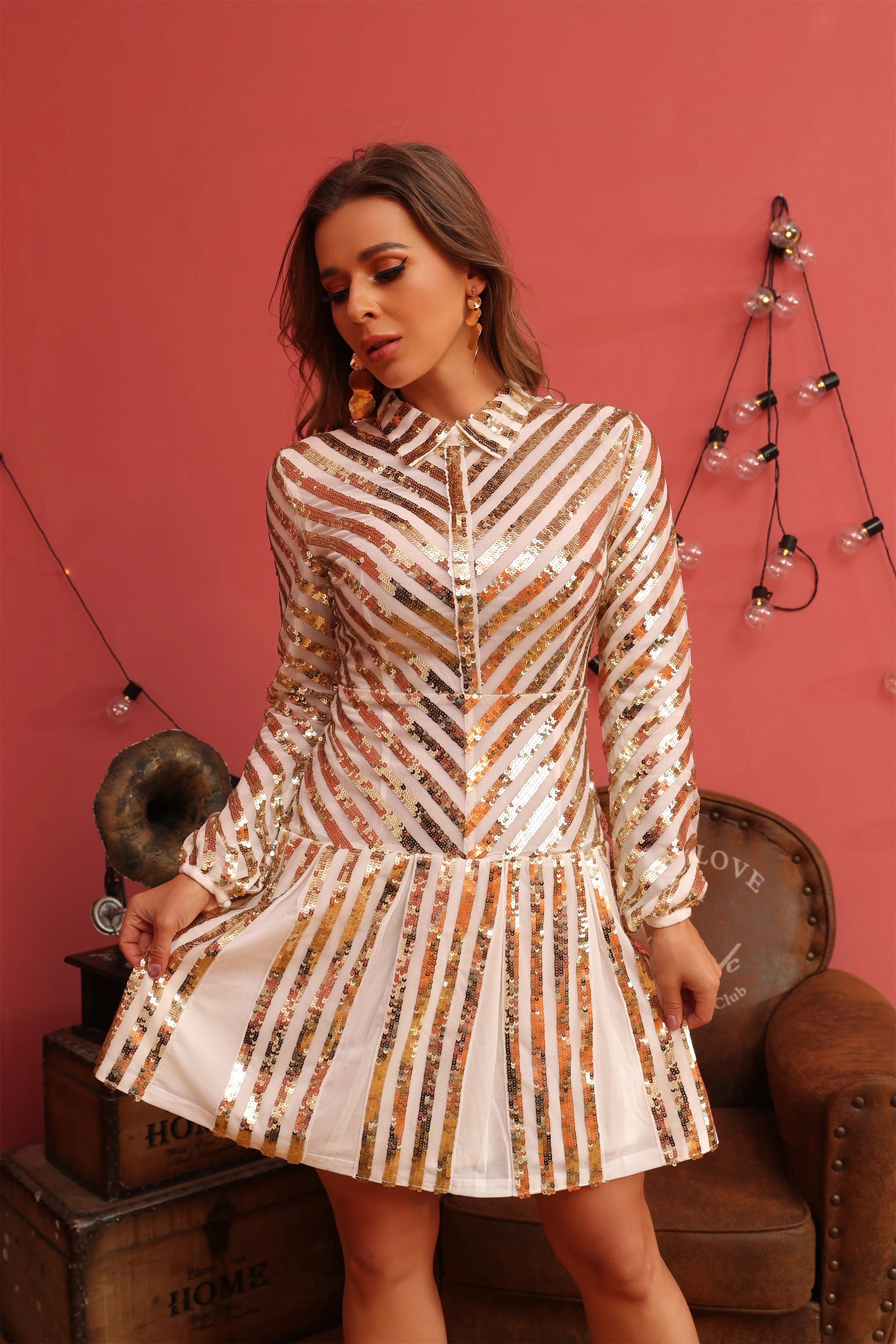 ED2198 Kimshein Ladies Elegant High End Turn Down Collar Long Sleeve Striped Sequin Gala Party Dresses