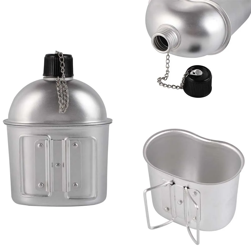 Exercise and fitness Green Aluminum field water canteen with aluminum cup and pouch